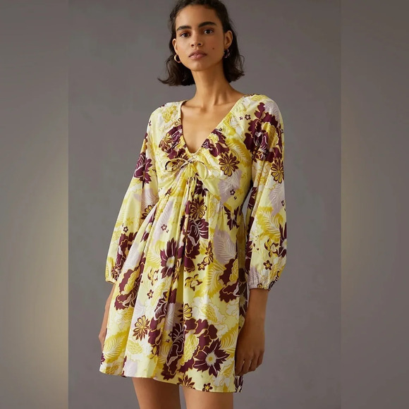 Anthropologie Plus Size V Neck Yellow Floral Mini Dress XL - Picture 1 of 13